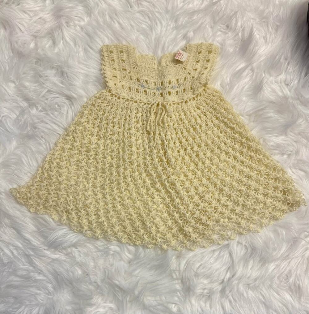 Didi Vintage hand knitted crocheted baby girl dress-cream w/blue bodice flowers